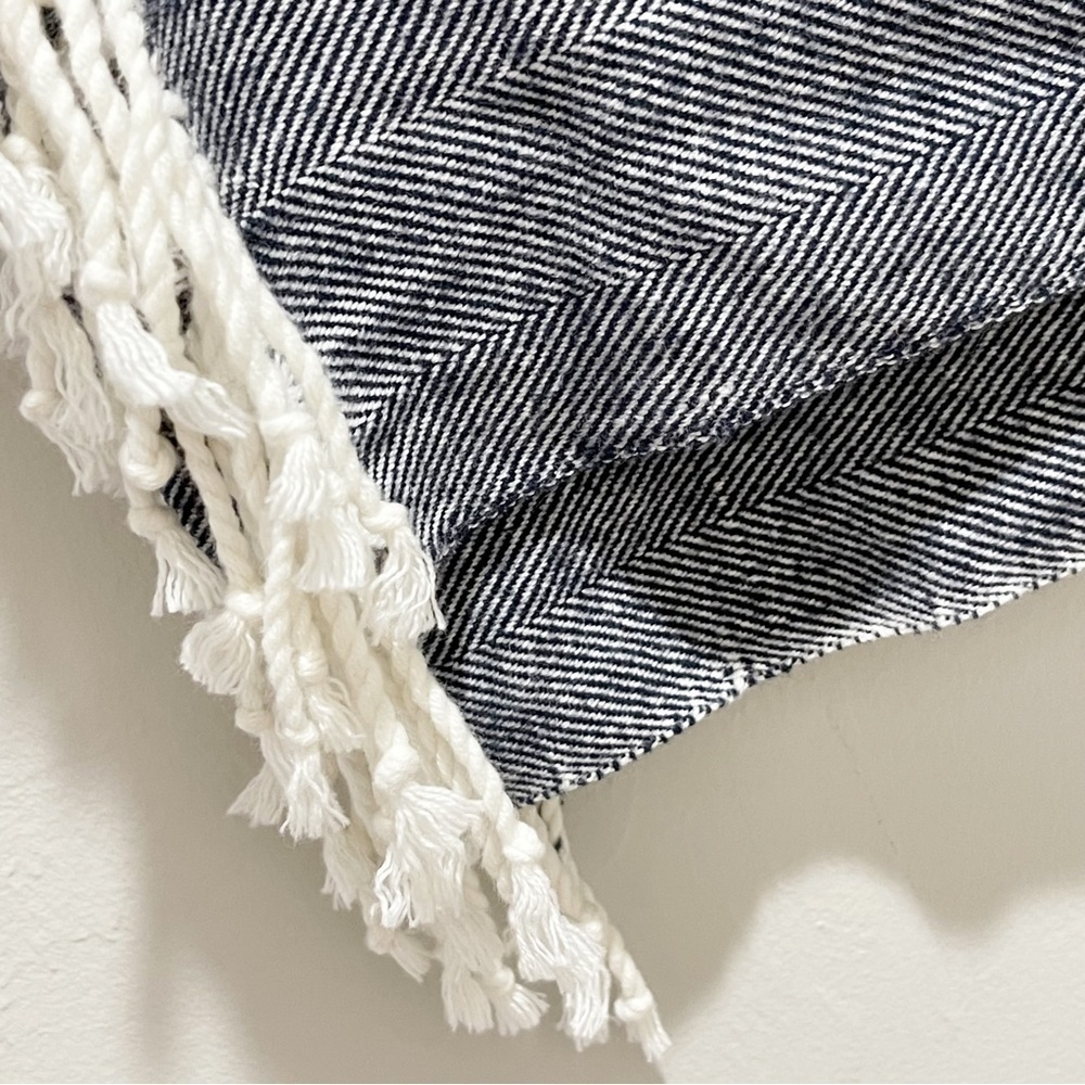 ALASHAN Blue Herringbone Navy Blue Fringed Blanket 54” X 62” - Picture 3 of 8